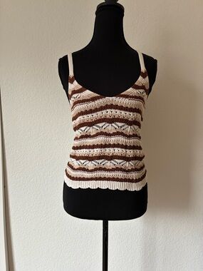 Vintage 90s Y2K Stripe Crotchet Tank Top Cream and Brown Hippy Festival Boho